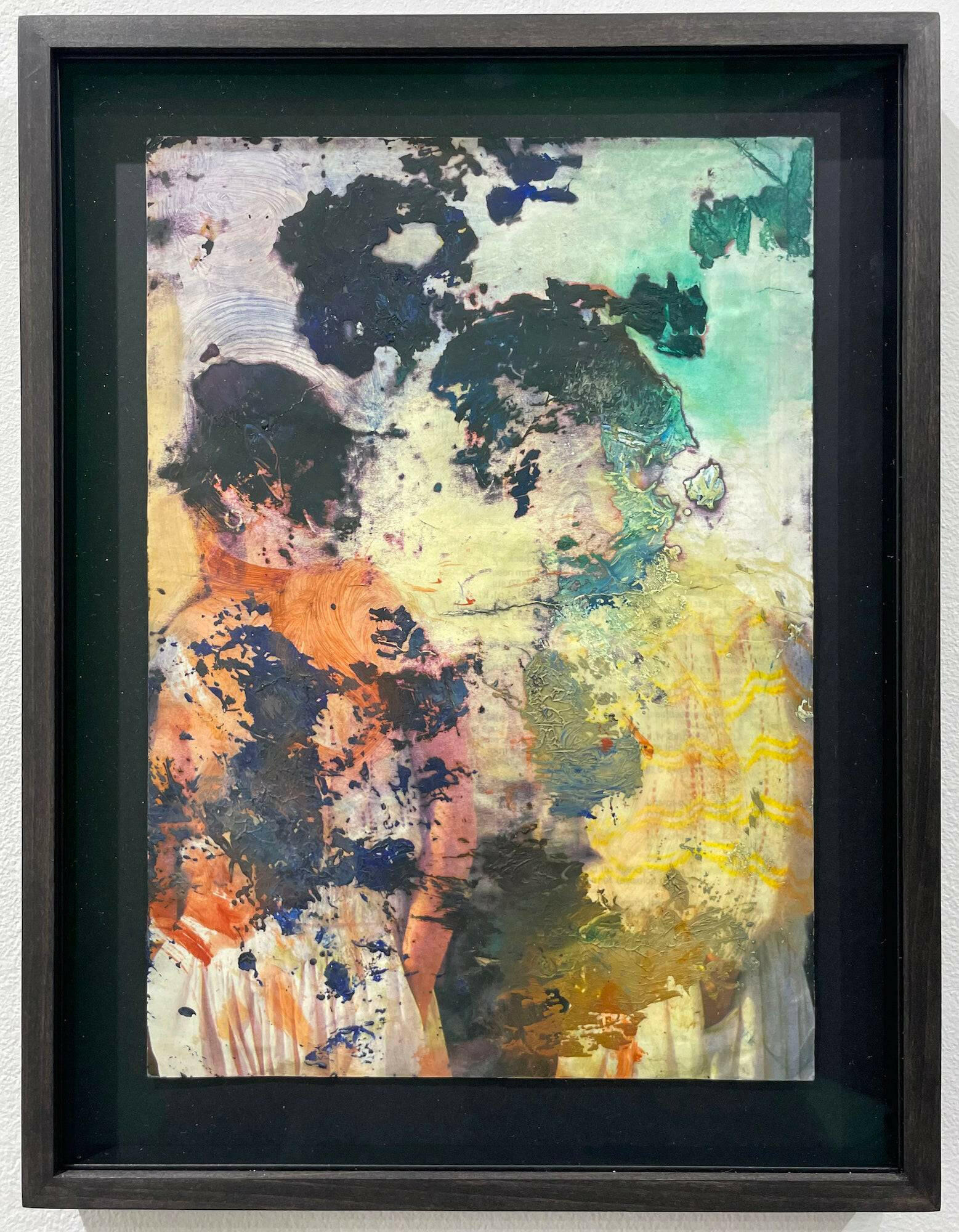 Collection of Alexis Soul-Gray - A Conversation: Abstract oil painting featuring dynamic color splashes of turquoise, orange, yellow and black, creating an ethereal atmosphere with textural elements and fluid movement across the paper, displayed in a dark frame. in a gallery layout