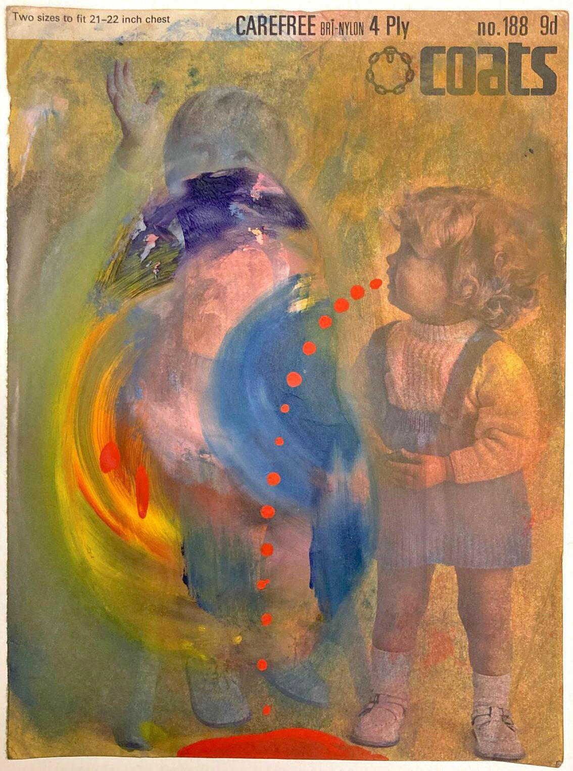 Collection of Alexis Soul-Gray - Girl Spitting Red: Abstract oil painting on vintage knitting pattern paper featuring swirling blues, yellows and oranges with red dotted line overlay, depicting expressive movement against faded vintage child figure in background in a gallery layout