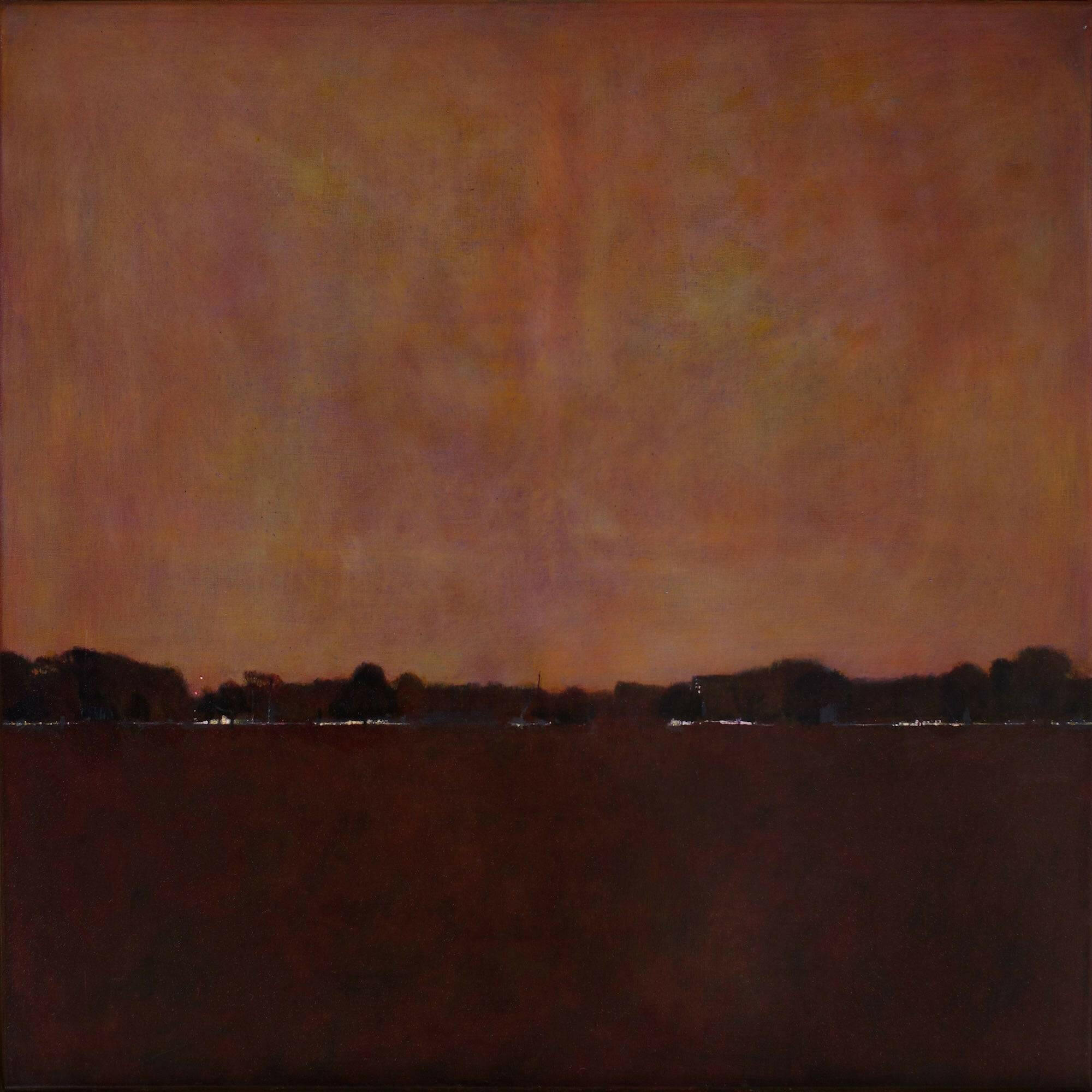 Collection of Andrew Torr - Nocturne Victoria Park B: Contemporary oil painting depicting a dusky twilight landscape with silhouetted treeline against a luminous rust-colored sky, distant lights twinkling along the horizon, creating a moody nocturnal atmosphere. in a gallery layout
